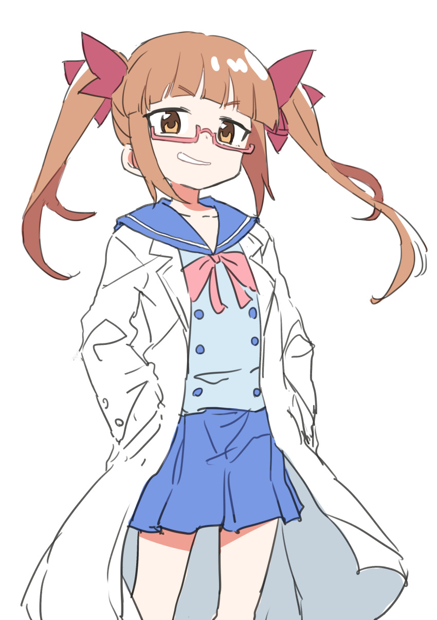 1girl absurdres blue_sailor_collar blue_shirt blue_skirt blunt_bangs bow bowtie breasts brown_eyes brown_hair coat collarbone cowboy_shot dot_nose gazacy_(dai) glasses grin hair_bow hair_ribbon hands_in_pockets highres idolmaster idolmaster_cinderella_girls idolmaster_cinderella_girls_starlight_stage ikebukuro_akiha lab_coat long_hair long_sleeves looking_at_viewer open_clothes open_coat pink-framed_eyewear pink_bow pink_bowtie pleated_skirt red_ribbon ribbon sailor_collar school_uniform semi-rimless_eyewear serafuku shirt simple_background skirt small_breasts smile solo standing twintails under-rim_eyewear v-shaped_eyebrows white_background