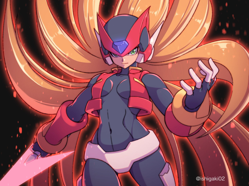 1girl aile_(mega_man_zx) armor blonde_hair breasts cropped_jacket energy_sword green_eyes helmet highres holding holding_sword holding_weapon ishigaki02 jacket long_hair medium_breasts mega_man_(series) mega_man_zero_(series) mega_man_zx mega_man_zx_advent model_ox_(mega_man) omega_(mega_man) open_clothes open_jacket sword weapon