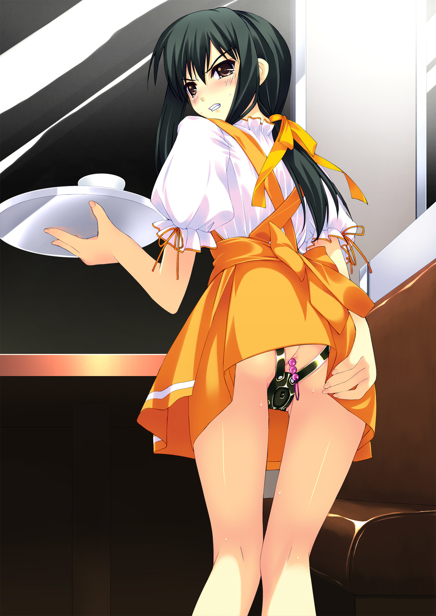 anal anal_beads anna_miller apron bangs black_hair blush brown_eyes clenched_teeth dildo dildo_harness eyebrows_visible_through_hair f-ism fingernails from_behind highres holding holding_tray indoors kneepits long_hair looking_at_viewer looking_back low_ponytail murakami_suigun object_insertion orange_ribbon orange_skirt original public_vibrator puffy_short_sleeves puffy_sleeves ribbon short_sleeves skirt solo sweat tears teeth tray vaginal vibrator waitress
