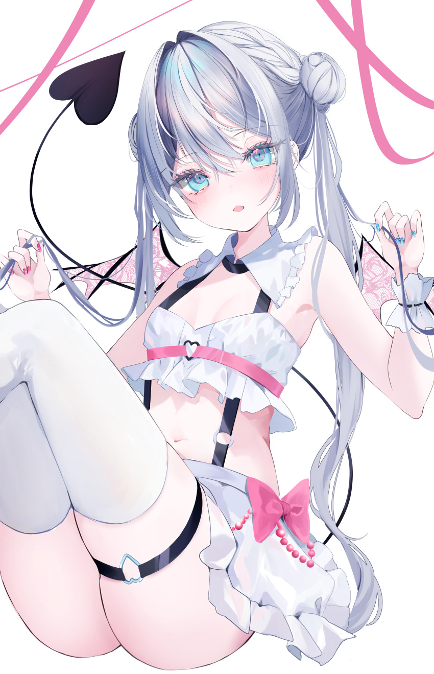 1girl absurdres black_tail blue_eyes blue_nails blush bow bow_skirt breasts commentary_request crop_top demon_girl demon_tail demon_wings detached_collar double_bun fang fingernails grey_hair hair_between_eyes hair_bun hair_intakes heart_o-ring highres holding holding_hair knees_up long_fingernails long_hair looking_at_viewer moemoepiano nail_polish o-ring o-ring_thigh_strap original parted_lips pink_bow red_nails sidelocks simple_background single_hair_bun sitting skirt small_breasts solo suspender_skirt suspenders tail tail_raised thigh_strap thighhighs twintails very_long_hair white_background white_skirt white_thighhighs wings wrist_cuffs
