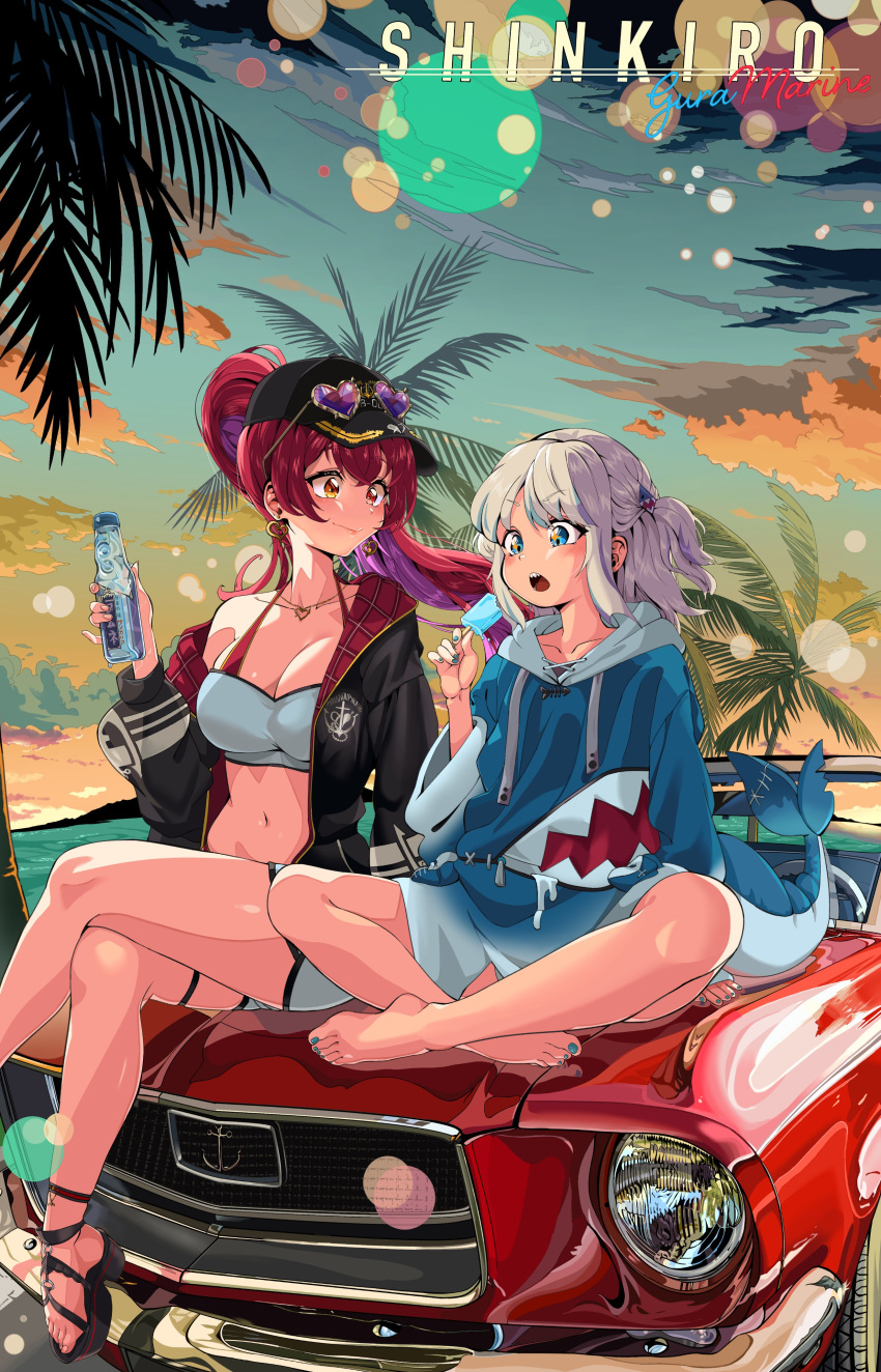2girls absurdres animal_costume barefoot baseball_cap bikini bikini_under_clothes black_footwear black_headwear black_jacket blue_eyes blue_hair blue_hoodie blue_nails bottle colored_inner_hair earrings eyewear_on_head fins fish_tail food gawr_gura gawr_gura_(1st_costume) gold_earrings gold_necklace grey_hair grey_shorts hair_ornament hat heart heart-shaped_eyewear heart_earrings heart_necklace heterochromia highres holding holding_bottle holding_food holding_popsicle hololive hololive_english hood hoodie houshou_marine houshou_marine_(summer) jacket jewelry long_hair multicolored_hair multiple_girls nail_polish necklace official_alternate_costume open_mouth palm_leaf palm_tree ponytail popsicle purple_hair red_eyes red_hair red_jacket sandals shark_costume shark_girl shark_hair_ornament shark_tail sharp_teeth shinkiro_(hololive) shirt shorts sidelocks sitting_on_car smile snarkhunt streaked_hair sunglasses swimsuit tail teeth thigh_strap toenail_polish toenails tree two-sided_fabric two-sided_jacket two_side_up virtual_youtuber water_bottle white_shirt yellow_eyes