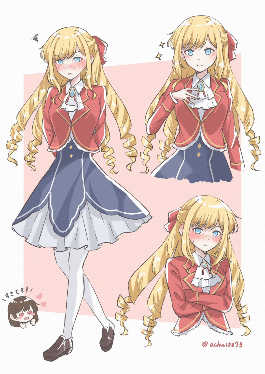 2girls acchuu_(achu10273) arms_behind_back blonde_hair blue_eyes blush brown_hair claire_francois crossed_arms drill_hair heart heart-shaped_eyes highres long_hair looking_at_viewer multiple_girls rae_taylor red_uniform school_uniform translation_request watashi_no_oshi_wa_akuyaku_reijou yuri