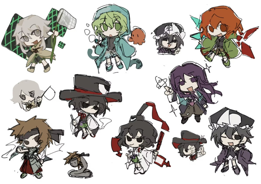 aaayamitsu animalization aqua_coat aqua_footwear ascot black_hair black_headband black_headwear black_shirt black_shorts black_socks brown_ascot brown_eyes brown_footwear brown_hair brown_pants butterfly_net chibi clause coat cosplay enraku_tsubakura enraku_tsubakura_(cosplay) green_coat green_eyes green_hair green_hakama grey_coat grey_eyes grey_hair hakama hakama_short_skirt hakama_skirt hand_net hat headband highres holding holding_butterfly_net hood hood_down hood_up hooded_coat houlen_yabusame japanese_clothes kurohebi len'en long_hair long_sleeves medium_hair neck_ribbon no_mouth no_nose octopus open_clothes open_coat open_mouth pants purple_coat purple_eyes purple_hair red_eyes red_hair red_ribbon ribbon senri_tsurubami shirt shitodo_aoji shitodo_hooaka shitodo_kuroji short_hair short_hair_with_long_locks short_sleeves shorts simple_background sketch skirt sleeves_past_fingers sleeves_past_wrists smile snake socks tate_eboshi white_background white_shirt white_socks