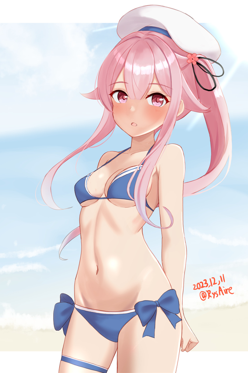 1girl ame-san beret bikini blue_bikini breasts cosplay cowboy_shot hair_flaps hair_ribbon harusame_(kancolle) hat highres kantai_collection long_hair navel pink_eyes pink_hair ribbon shigure_(kancolle) shigure_kai_san_(kancolle) shigure_kai_san_(kancolle)_(cosplay) side-tie_bikini_bottom side_ponytail small_breasts solo standing swimsuit thigh_strap very_long_hair white_headwear