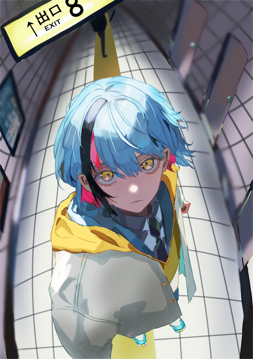 1boy black_hair blue_hair blue_necktie collared_shirt door exit_sign green_necktie highres hood hoodie jacket kyo_kaneko male_focus mochimochi_589 multicolored_hair necktie nijisanji nijisanji_en pink_hair school_uniform shirt solo streaked_hair subway_station tactile_paving the_exit_8 virtual_youtuber white_jacket white_shirt yellow_eyes yellow_hoodie