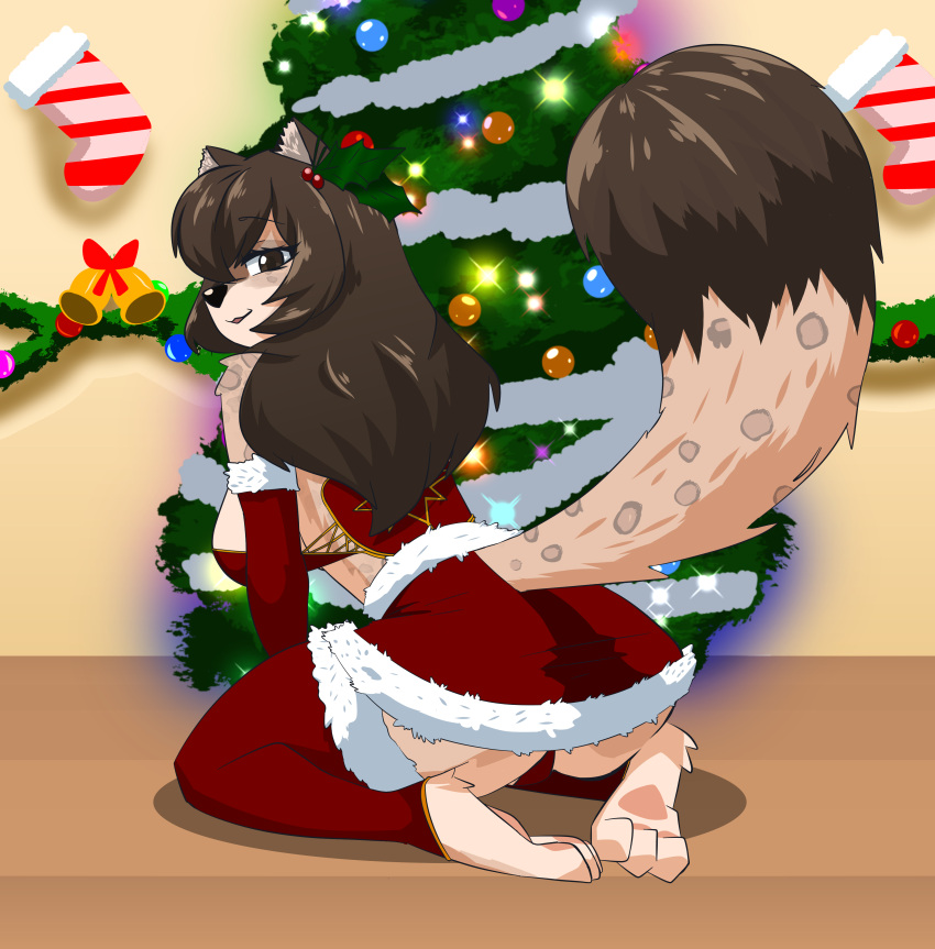 absurd_res among_us anthro bottomwear breasts brown_body brown_hair christmas christmas_clothing christmas_decorations christmas_lights christmas_tree clothing corset digital_media_(artwork) elizabeth_mendoza felid feline female fur hair hi_res holidays innersloth kneeling lingerie long_hair long_socks looking_at_viewer mammal mistletoe mistletoe_in_hair pantherine plant seductive skirt smile snow_leopard solo tail tam_m3 thong topwear tree underwear