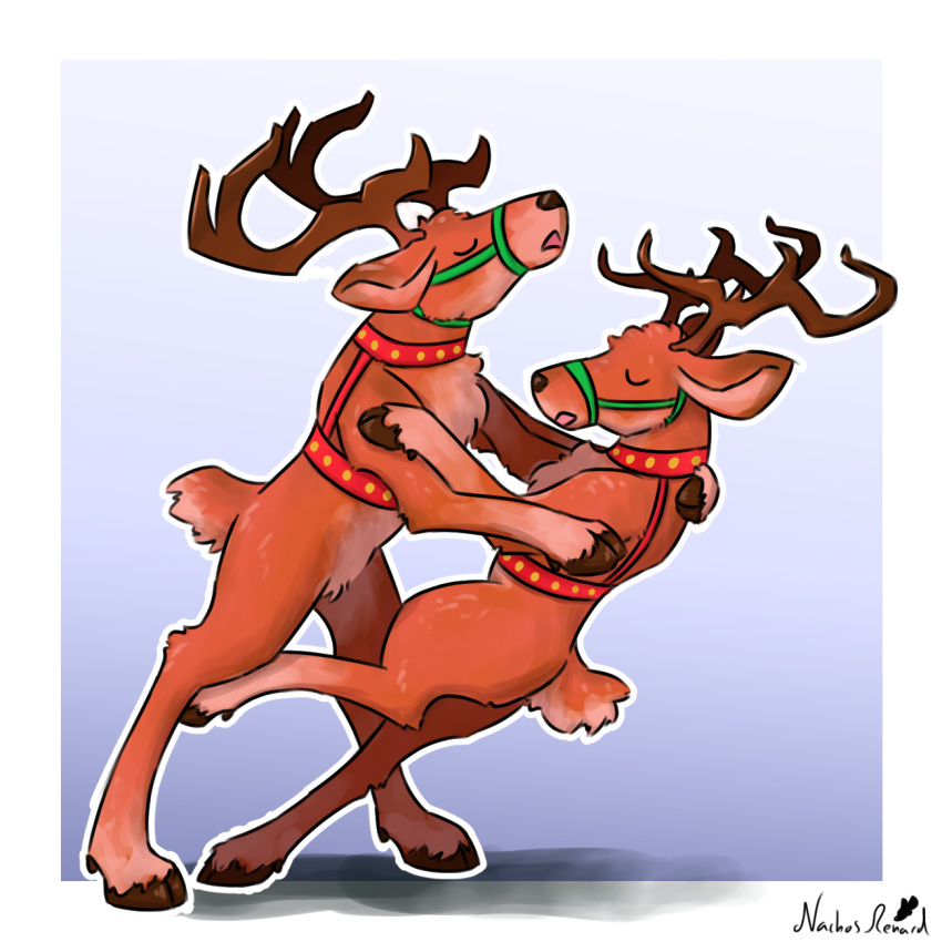 antlers brown_body brown_fur candy candy_cane candy_in_mouth dancing deer dessert embrace feral food fur harness hi_res horn hug male male/male mammal muzzle_(object) nachosrenard new_world_deer reindeer spot's_magical_christmas spot_the_dog_(series)