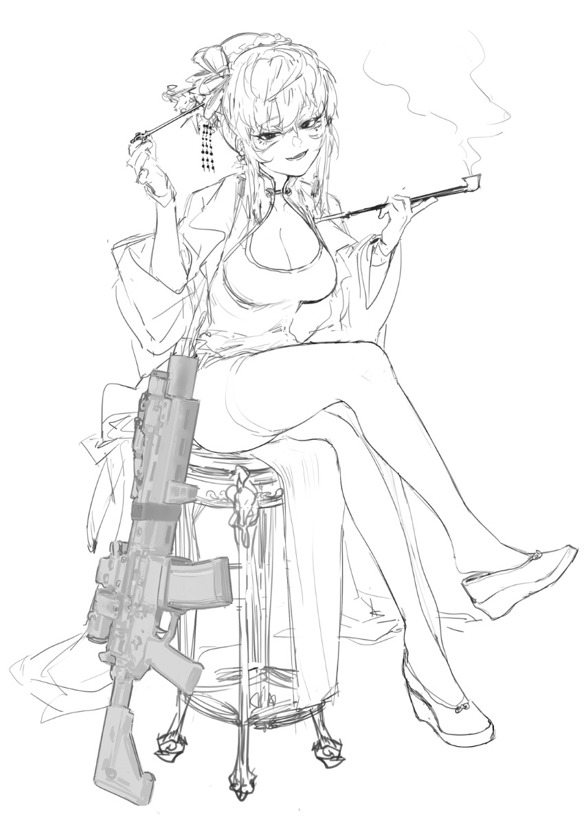 1girl alma01 assault_rifle china_dress chinese_clothes crossed_legs dress fang gun hair_bun hair_ornament hairpin highres long_sleeves looking_at_viewer messy_hair monochrome original rifle sig_mcx sig_sauer sitting sketch smile smoke smoking_pipe solo weapon