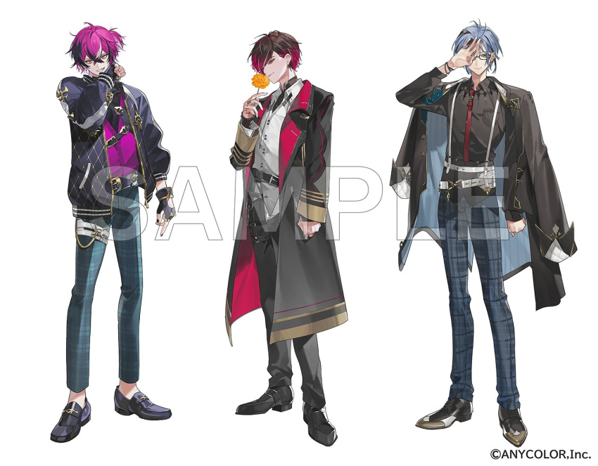 3boys beni_(bn12x20) black-framed_eyewear black_coat black_footwear black_gloves black_hair black_jacket black_nails black_pants black_shirt blue_hair blue_pants bracelet brown_hair coat collared_shirt doppio_dropscythe dress_shirt fingerless_gloves flower full_body glasses gloves gradient_hair green_eyes hex_haywire highres holding holding_flower jacket jacket_on_shoulders jewelry loafers male_focus multicolored_hair multiple_boys necktie nijisanji nijisanji_en official_art open_clothes open_coat open_jacket pants pink_eyes pink_hair plaid plaid_pants ponytail red_necktie sample_watermark shirt shoes standing streaked_hair ver_vermillion watermark white_hair white_shirt yellow_eyes yellow_flower