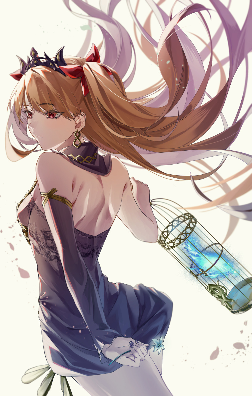 1girl absurdres back backless_dress backless_outfit birdcage black_dress black_nails black_sleeves blonde_hair blue_fire blue_flower cage closed_mouth commentary_request detached_collar detached_sleeves dress earrings ereshkigal_(fate) fate/grand_order fate_(series) fingernails fire floating_hair flower from_behind hair_ribbon highres holding holding_cage holding_flower ina_(rimuna_1228) jewelry long_hair red_eyes red_ribbon ribbon simple_background single_sleeve solo tiara two_side_up white_background