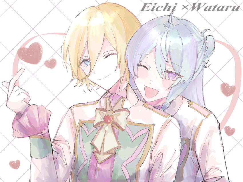 2boys blonde_hair blue_eyes blue_hair blush braid character_name closed_mouth ensemble_stars! finger_heart half_updo heart hibiki_wataru highres male_focus multiple_boys ntec231 one_eye_closed open_mouth purple_eyes smile tenshouin_eichi white_background yaoi