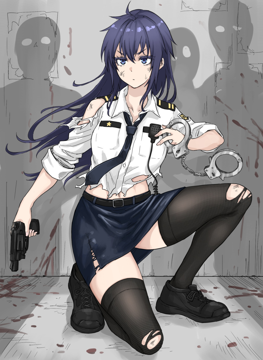 1girl black_footwear black_thighhighs blue_eyes blue_hair blue_necktie blue_skirt breasts collared_shirt cuffs eyelashes fuku_(fuku12290574) gun hair_between_eyes hand_up handcuffs highres holding holding_gun holding_weapon kneeling long_hair medium_breasts miniskirt navel necktie original pink_nails police police_uniform policewoman revolver shadow shirt skirt thighhighs thighs torn_clothes torn_shirt torn_skirt torn_thighhighs uniform weapon zettai_ryouiki