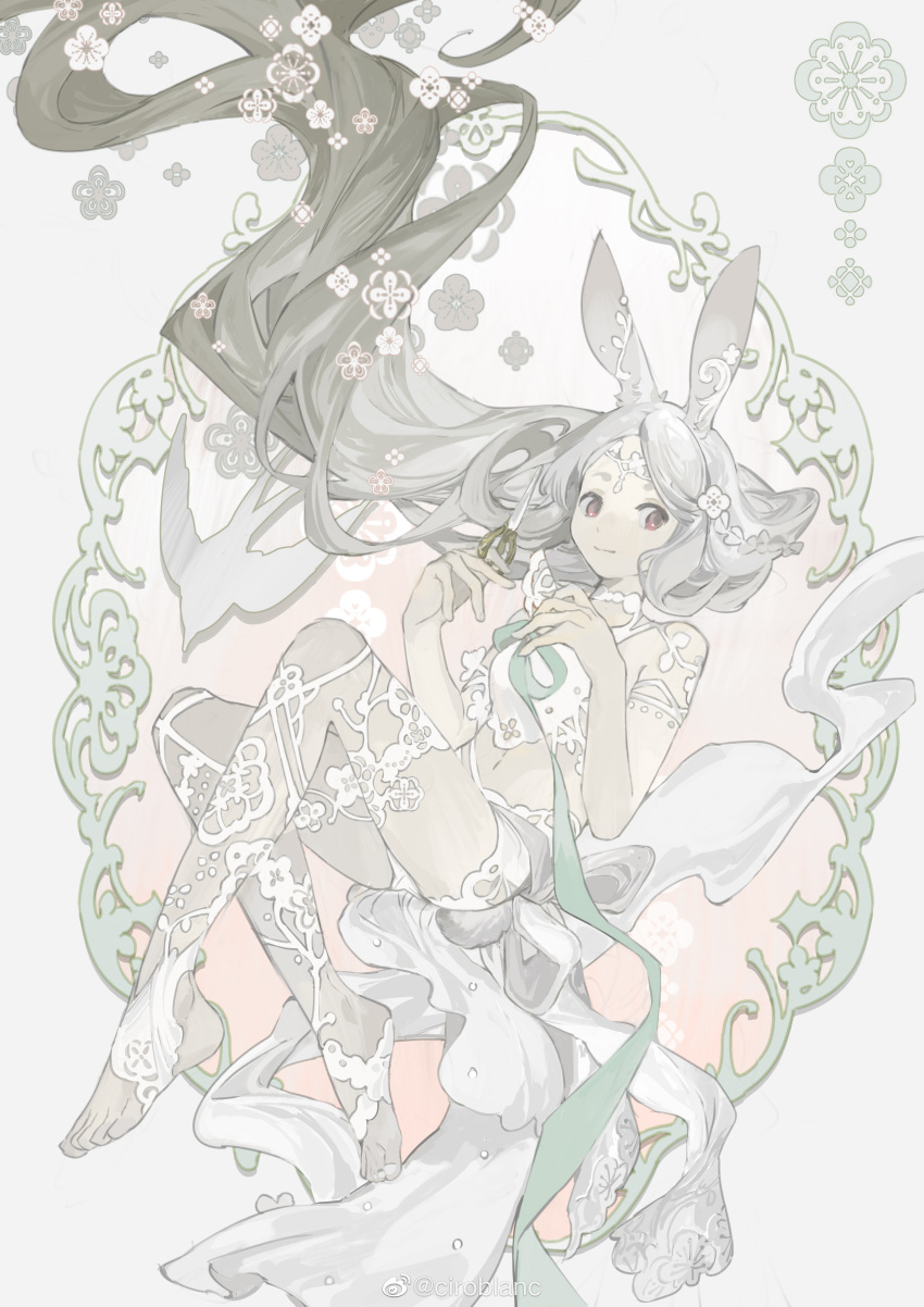 1girl absurdres animal_ears armlet bare_arms barefoot bow braid camisole chinese_commentary circlet ciroblanc closed_mouth commentary_request floating_hair flower full_body green_ribbon grey_hair hair_flower hair_ornament highres holding holding_ribbon holding_scissors long_hair looking_at_viewer midriff navel original picture_frame rabbit_ears rabbit_girl red_eyes ribbon scissors short_shorts shorts side_braid single_braid smile solo toes very_long_hair white_background white_bow white_camisole white_flower white_shorts