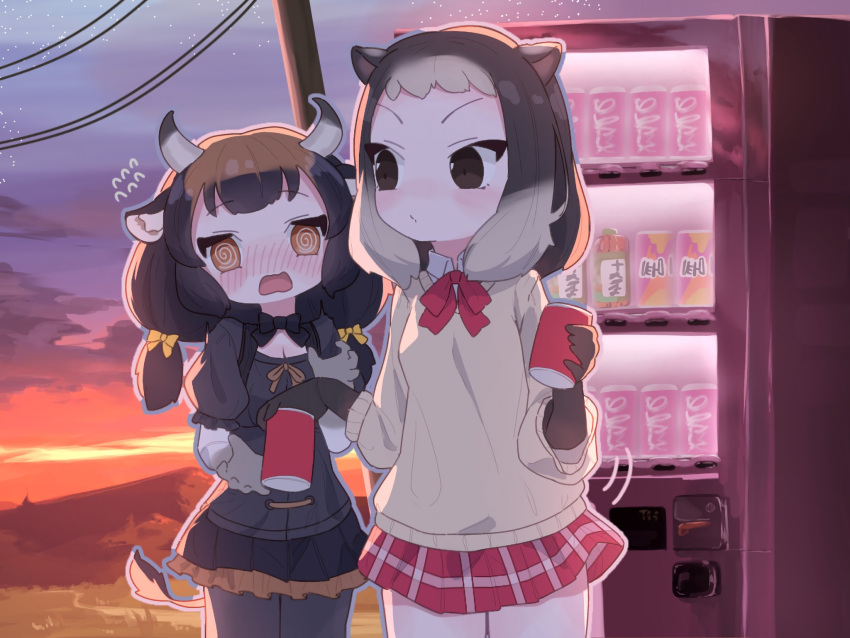 2girls @_@ alpine_marmot_(kemono_friends) animal_ears banteng_(kemono_friends) black_bow black_bowtie black_pantyhose black_shirt black_skirt blush bow bowtie brown_eyes brown_gloves brown_hair can collared_shirt cow_ears cow_girl cow_tail cowboy_shot frilled_sleeves frills gloves highres holding holding_can kemono_friends kemono_friends_3 light_brown_hair long_sleeves multicolored_hair multiple_girls orange_bow orange_eyes orange_skirt pantyhose plaid plaid_skirt pleated_skirt puffy_short_sleeves puffy_sleeves red_bow red_bowtie red_skirt sarutori shirt short_hair short_sleeves short_twintails sidelocks skirt squirrel_ears squirrel_girl sunset sweater tail twintails two-tone_hair two-tone_skirt vending_machine white_gloves white_shirt yellow_sweater