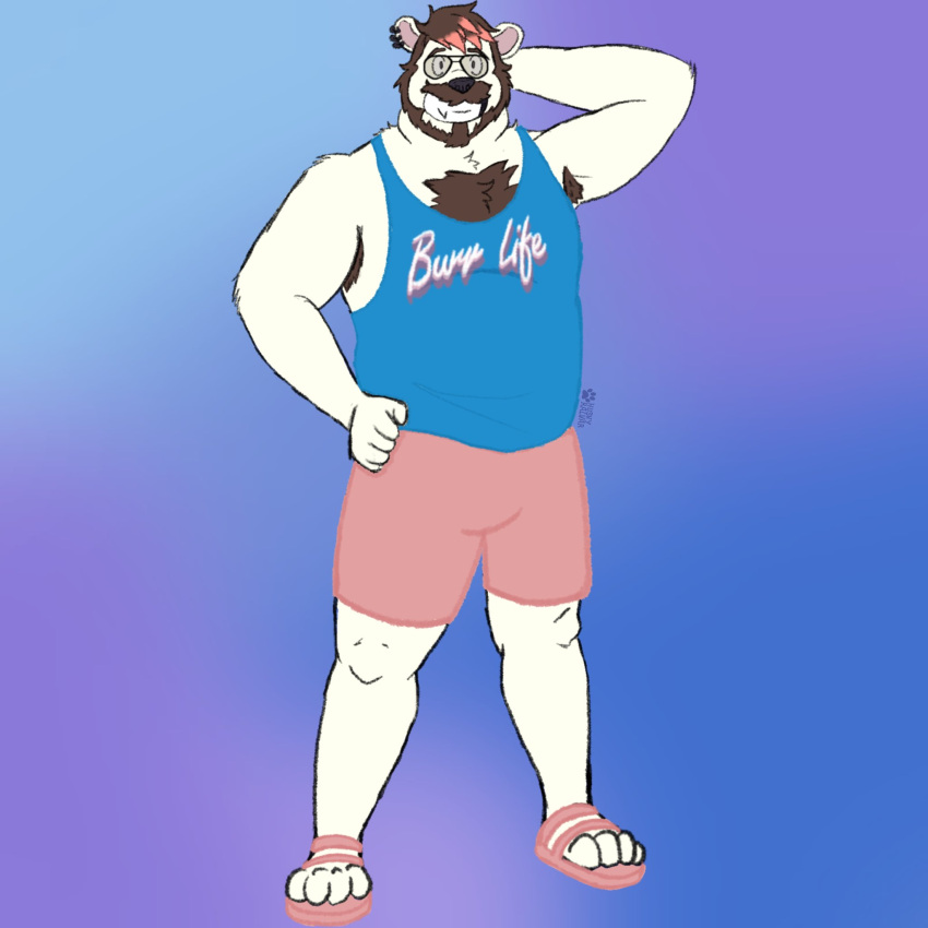 anthro armpit_hair barley_(barleytheburr) bear beard body_hair bottomwear chest_hair clothing ear_piercing eyewear facial_hair flip_flops footwear glasses hi_res huskyralvar male mammal paws piercing polar_bear sandals shirt shorts slightly_chubby solo tank_top topwear ursine