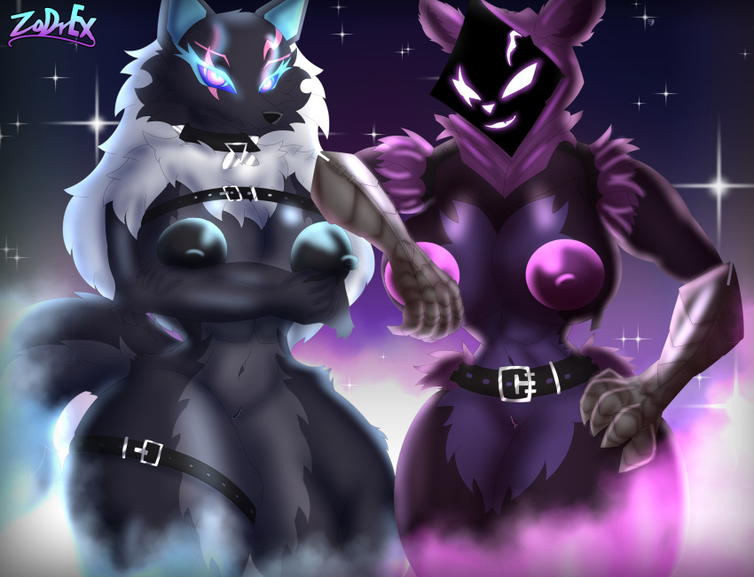 absurd_res anthro bear belt big_breasts big_butt black_body black_fur black_pussy breasts butt canid canine canis choker clothing digital_media_(artwork) duo duo_focus epic_games eye_scar facial_scar female fortnite fur fur_trim_(clothing) genitals glowing glowing_nipples group hair hand_on_hip hi_res huge_breasts jewelry leaning logo long_hair looking_at_viewer looking_away mammal markings metal muscular muscular_thighs necklace nipples nude open_mouth pack_leader_highwire purple_body purple_fur purple_pussy pussy raven_team_leader scar simple_background smile smirk space standing star tail thick_thighs topwear white_body white_fur wolf zadrex