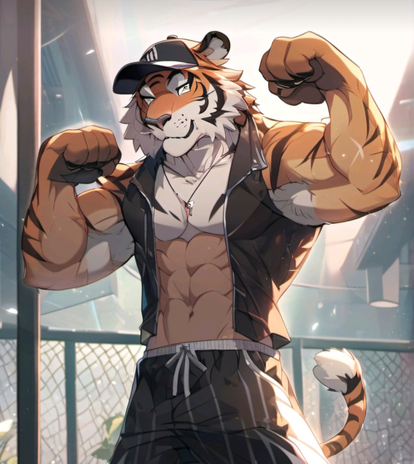 abs anthro biceps bottomwear clothed clothing digital_media_(artwork) flexing flexing_both_biceps fur hi_res looking_at_viewer male muscular pants shirtless shirtless_anthro shirtless_male solo talonfire99 topless topless_anthro topless_male topwear vest