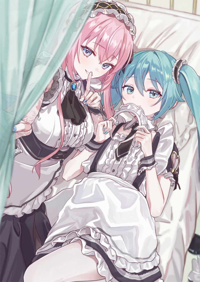 absurdres arm_tattoo blue_eyes blue_hair blue_nails curtains hatsune_miku headband highres long_hair looking_at_viewer maid maid_headdress megurine_luka necktie on_bed pink_hair tattoo twintails vocaloid vs0mr