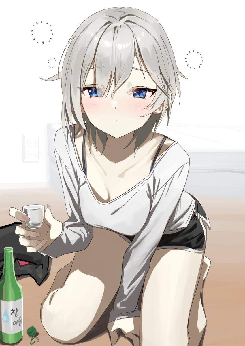 1girl absurdres anastasia_(idolmaster) between_legs black_headwear black_shorts black_straps blue_eyes bottle breasts cleavage closed_mouth collarbone commentary cup dolphin_shorts dot_nose double-parted_bangs drunk grey_hair grey_shirt hair_between_eyes hair_intakes hand_between_legs hand_up highres holding holding_cup idolmaster idolmaster_cinderella_girls kneeling leaning_forward light_blush long_sleeves looking_at_viewer medium_breasts sakazuki sake_bottle shirt short_hair short_shorts shorts sketch_background solo syhan thighs unworn_headwear