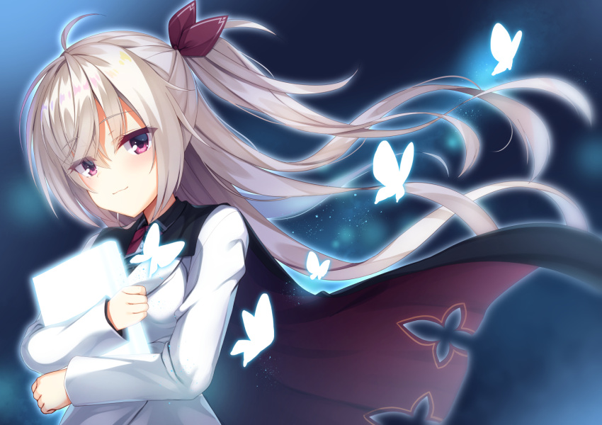 1girl :3 ahoge akizuki_kanna aria_(koiiroharemoyou) black_cape blue_background blue_butterfly blush book bug butterfly cafe_stella_to_shinigami_no_chou cape closed_mouth commentary_request crossed_bangs eyelashes eyes_visible_through_hair floating_hair glowing_book glowing_butterfly hair_between_eyes half_updo hands_up holding holding_book jacket light_brown_hair long_hair long_sleeves looking_at_viewer purple_eyes side_ponytail simple_background smile solo upper_body very_long_hair white_jacket
