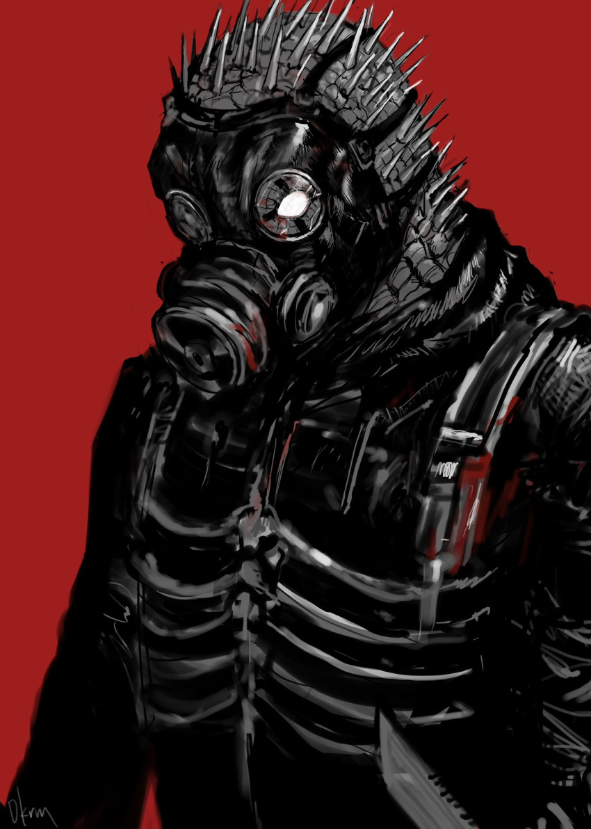 1boy black_jacket caiman_(dorohedoro) dorohedoro gas_mask highres holding holding_knife jacket knife lizardman mask no_pupils red_background satoukrm solo spikes upper_body white_eyes