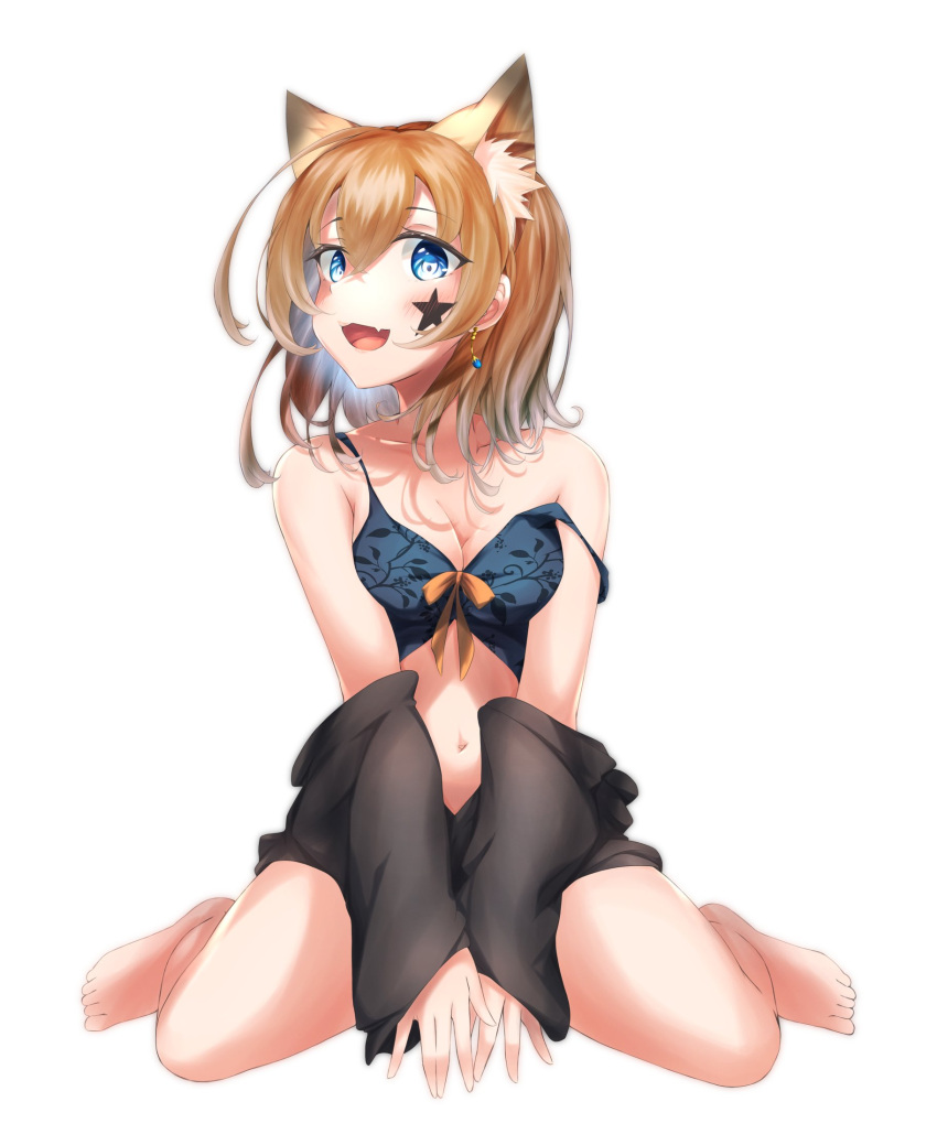 1girl animal_ear_fluff animal_ears arms_between_legs asobineko_(neko_irastonyan) bare_shoulders between_legs bikini black_bikini black_sleeves blue_eyes breasts brown_hair cleavage collarbone commentary_request commission detached_sleeves earrings eyes_visible_through_hair facial_mark fang full_body hair_between_eyes hand_between_legs highres jewelry looking_at_viewer medium_breasts medium_hair navel open_mouth original second-party_source shoulder_strap simple_background sitting skeb_commission skin_fang smile solo star_(symbol) star_facial_mark swimsuit v_arms wariza white_background wide_sleeves