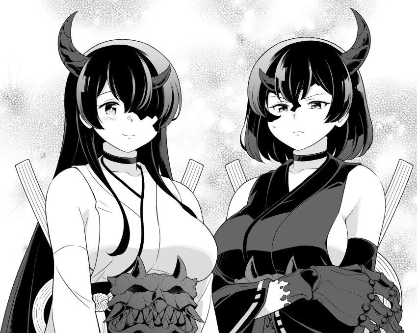 2girls abyssal_ship breasts choker commentary_request greyscale hair_between_eyes hair_over_one_eye horns kantai_collection large_breasts long_hair looking_at_viewer monochrome multiple_girls night_strait_princess_(black) night_strait_princess_(white) short_hair sideboob sleeveless tenshin_amaguri_(inobeeto) upper_body