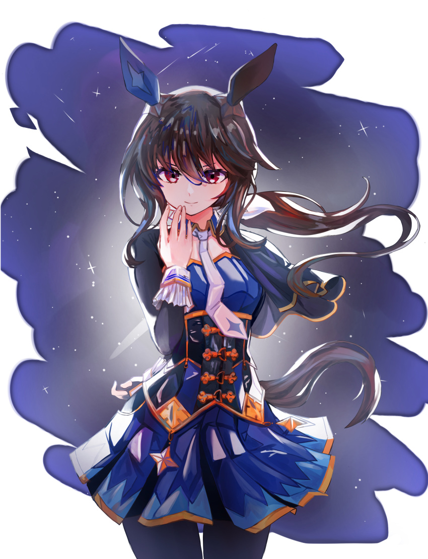 1girl absurdres admire_vega_(umamusume) animal_ears black_cape black_pantyhose blue_dress border breasts brown_hair cape closed_mouth commentary_request corset cowboy_shot detached_collar dress ear_covers gloves highres horse_ears horse_girl horse_tail long_hair long_sleeves looking_at_viewer medium_breasts necktie pantyhose purple_eyes single_ear_cover single_glove sky smile solo star_(sky) starry_sky tail tetra_(ktet4_illu) umamusume white_border white_gloves white_necktie
