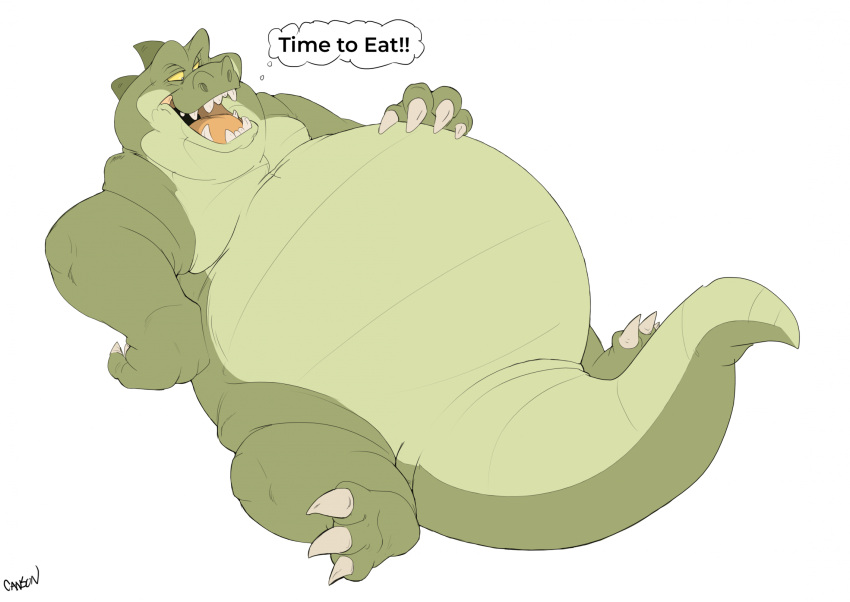 alligator alligatorid anthro belly big_belly canson crocodilian eating hand_on_stomach hi_res male overweight overweight_anthro overweight_male reptile scalie soft_belly solo thought_bubble