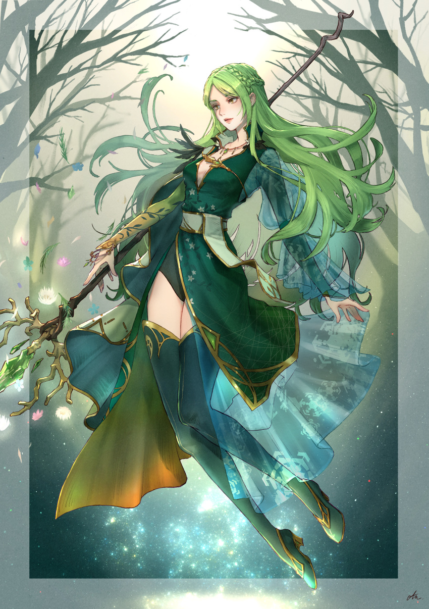 1girl absurdres boots braid breasts cam_(cammero95713700) dress green_dress grey_hair high_heel_boots high_heels highres holding holding_staff long_hair medium_breasts original parted_bangs plunging_neckline see-through solo staff thigh_boots tree yellow_eyes