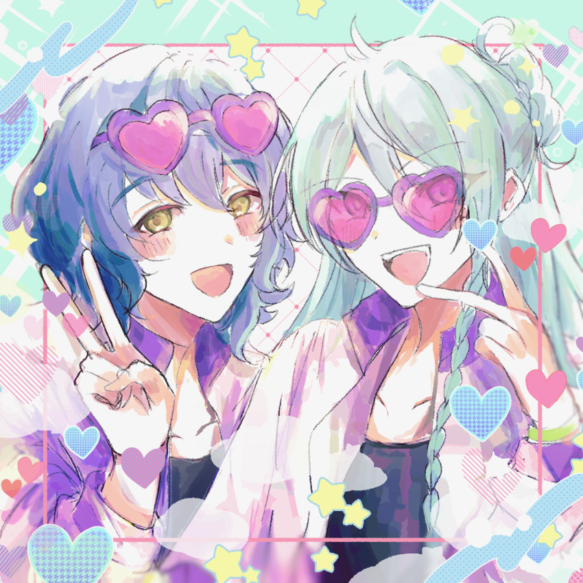 2boys aoba_tsumugi aqua_background black_shirt blue_hair blush braid ensemble_stars! eyewear_on_head grey_background hair_bun half_updo heart heart-shaped_eyewear hibiki_wataru highres jacket light_blue_hair long_hair long_sleeves looking_at_viewer male_focus multiple_boys ntec231 open_mouth purple_jacket shirt short_hair smile star_(symbol) sunglasses v