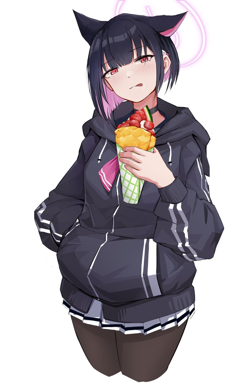 1girl absurdres animal_ears black_choker black_hair black_hoodie black_pantyhose blue_archive cat_ears choker colored_inner_hair commentary_request cropped_legs drawstring dun_ji food food_on_face halo hand_in_pocket hand_up highres holding holding_food hood hoodie kazusa_(blue_archive) long_sleeves looking_at_viewer multicolored_hair neckerchief pantyhose pink_hair pink_halo pink_neckerchief red_eyes short_hair simple_background solo tongue tongue_out white_background