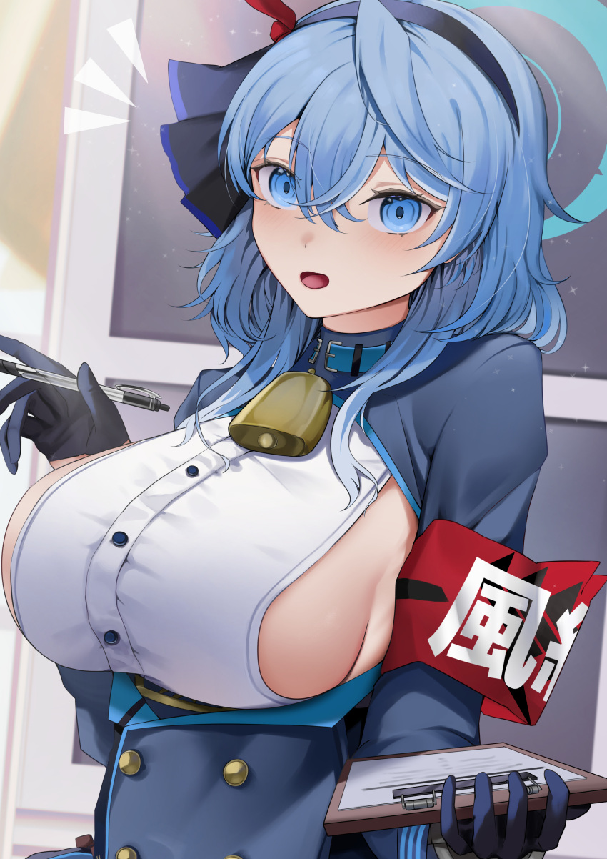 1girl absurdres ako_(blue_archive) bell blue_archive blue_eyes blue_gloves blue_hair blue_jacket blush breasts buttons clipboard collar cowbell double-breasted gloves hair_between_eyes hair_ribbon hairband half_gloves halo highres jacket large_breasts long_hair long_sleeves looking_at_viewer open_mouth pen ribbon san_(harutuki_3) sideboob solo underbust