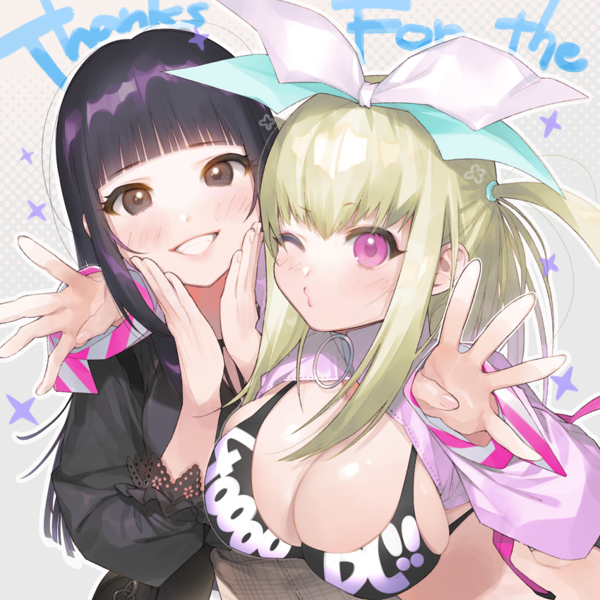 2girls arm_around_shoulder bikini black_eyes black_hair black_shirt blonde_hair blunt_bangs blush bow breasts commentary_request fuzuki_fuuro grin hair_bow hands_on_own_cheeks hands_on_own_face highres large_breasts looking_at_viewer milestone_celebration multiple_girls one_eye_closed one_side_up original pink_eyes puckered_lips shirt shrug_(clothing) smile swimsuit upper_body