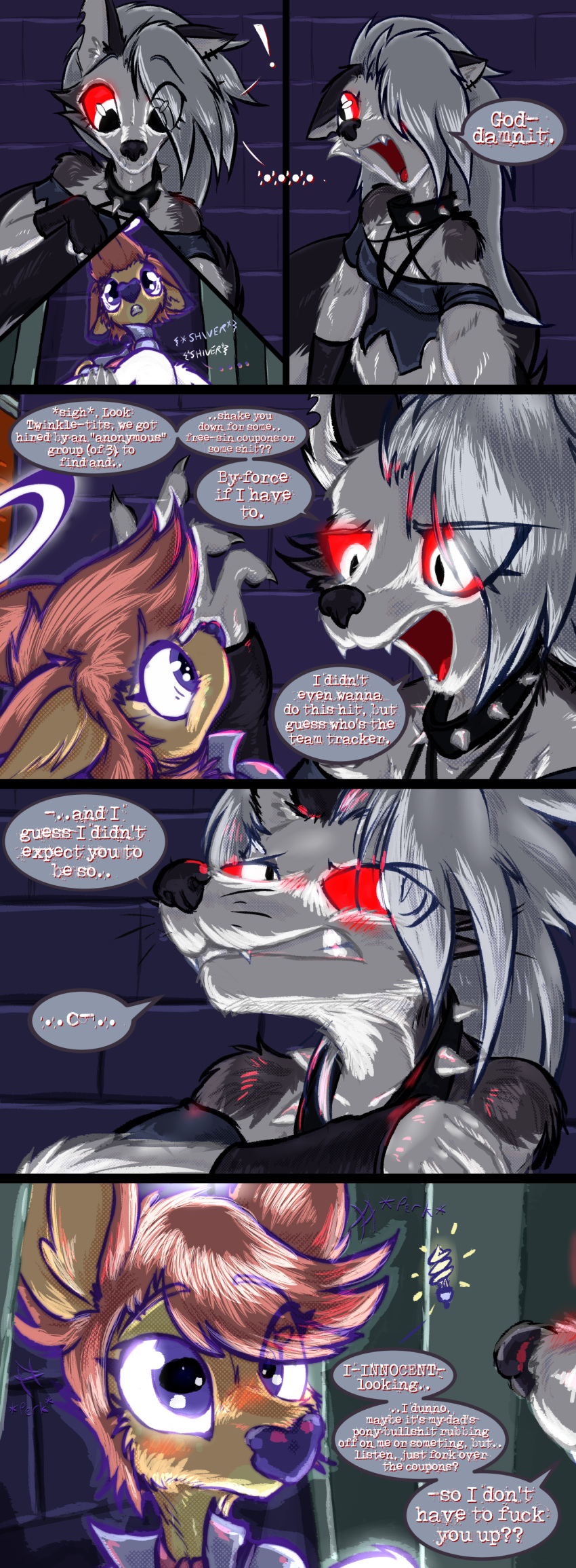 absurd_res anthro blush brown_hair canid canid_demon clothed clothing collar comic deer deerie_(helluva_boss) demon duo fangs female female/female frist44 fur glowing glowing_eyes grey_body grey_fur hair halo hellhound helluva_boss hi_res light_bulb loona_(helluva_boss) mammal purple_eyes red_sclera scared simple_background spiked_collar spikes teeth whiskers white_body white_fur white_hair yellow_body yellow_fur