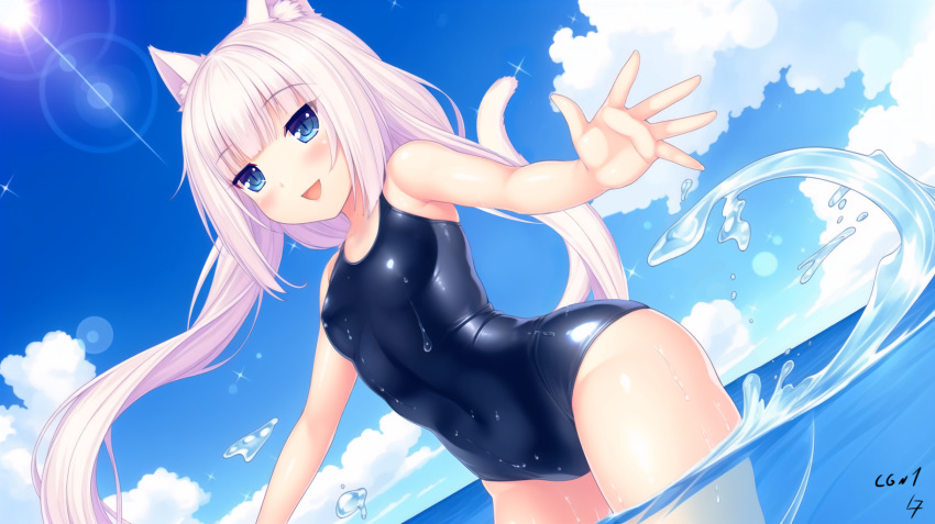 1girl :d animal_ear_fluff animal_ears bare_arms beach black_one-piece_swimsuit blue_eyes blue_sky blunt_bangs blush breasts cat_ears cat_girl cat_tail cloud commentary competition_swimsuit covered_navel cowboy_shot curvy day english_commentary floating_hair groin highres lens_flare link_n7 long_hair looking_afar low_twintails midriff nekopara one-piece_swimsuit open_hand open_mouth outdoors sayori_(neko_works)_(style) shiny_skin sidelocks signature sky small_breasts smile solo sparkle splashing split_mouth swimsuit tail tail_raised thighs twintails vanilla_(nekopara) very_long_hair wading water water_drop wet wet_clothes wet_swimsuit white_hair white_tail