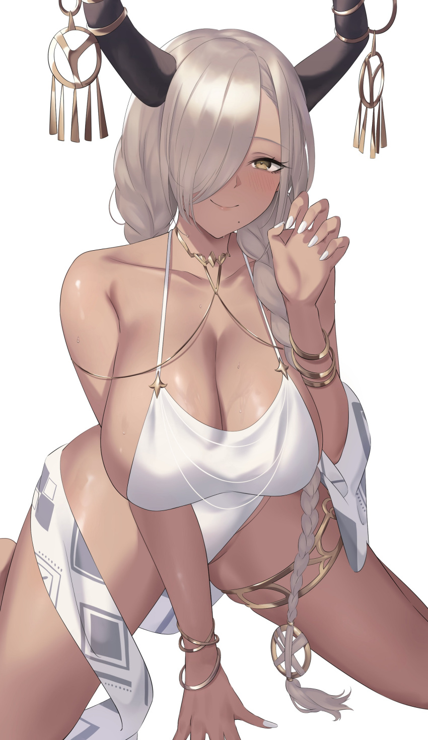absurdres azur_lane bare_shoulders black_horns blush bracelet breasts cleavage closed_mouth collarbone dark-skinned_female dark_skin grey_hair hair_over_one_eye highres horn_ornament horns jewelry large_breasts long_hair looking_at_viewer mole mole_under_mouth one-piece_swimsuit one_eye_covered owari_(azur_lane) sateridas sideboob simple_background smile swimsuit thighlet thighs white_background white_nails white_one-piece_swimsuit