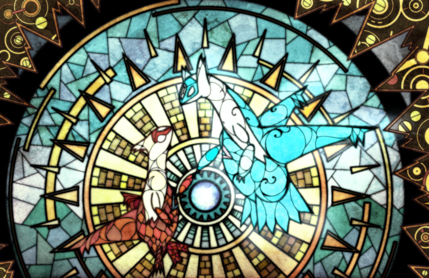 animal_focus blank_eyes claws commentary_request dragon eye_contact free_butterfree from_side full_body highres holding_hands latias latios looking_at_another no_humans partial_commentary pokemon pokemon_(creature) profile stained_glass white_eyes