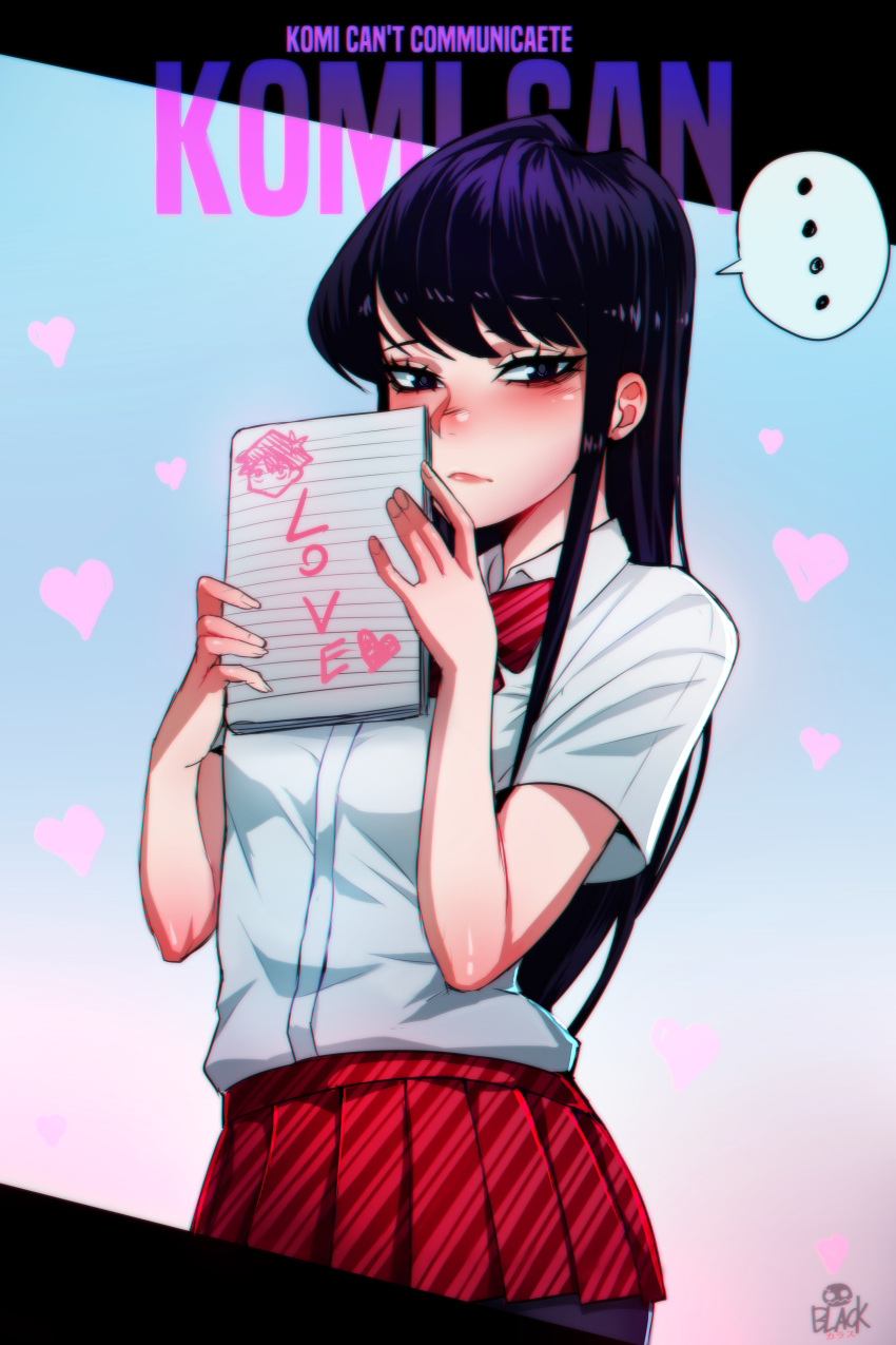 ... 1girl absurdres black_crowser black_eyes black_hair blush book breasts closed_mouth highres holding holding_book komi-san_wa_komyushou_desu komi_shouko long_hair looking_at_viewer pantyhose red_skirt school_uniform shirt simple_background skirt small_breasts solo tadano_hitohito white_shirt