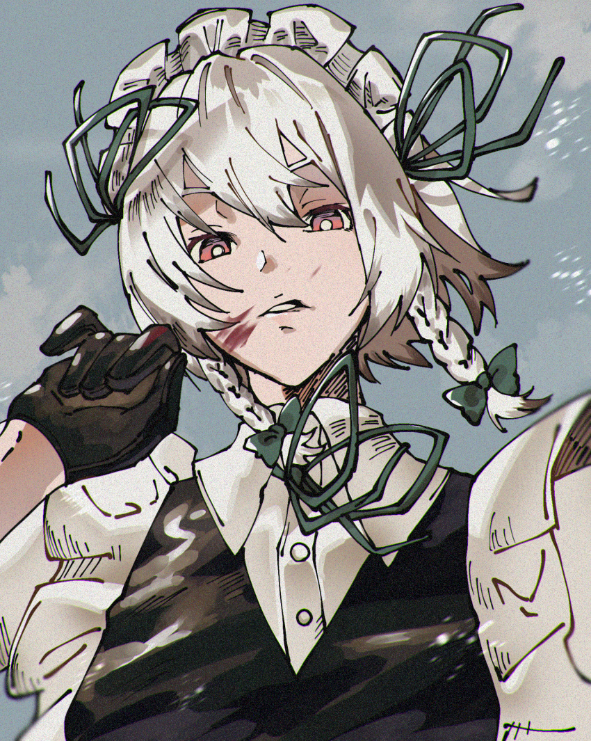 1girl aojirozame1228 black_gloves black_vest blood blood_on_face bow braid collared_shirt gloves green_bow green_ribbon hair_bow highres izayoi_sakuya maid_headdress neck_ribbon red_eyes ribbon shirt solo touhou twin_braids vest white_hair white_shirt