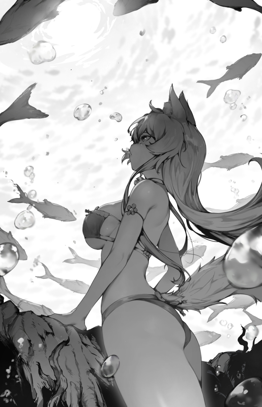 1girl air_bubble animal_ear_fluff animal_ears arm_strap arm_support ass bare_shoulders bell bikini breasts bubble cat_ears cat_girl cat_tail coconut_(nekopara) commentary commission cowboy_shot curvy english_commentary fish floating_hair from_side greyscale highres jingle_bell large_breasts long_hair looking_up monochrome neck_bell nekopara parted_lips profile rou_(rou22) sideboob sidelocks solo standing straight_hair swimsuit tail underwater water