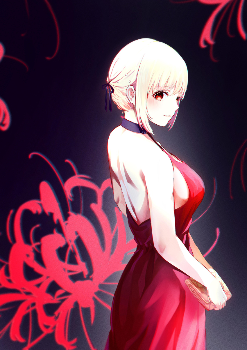 1girl absurdres alian2020 backless_dress backless_outfit bag bare_shoulders black_ribbon blonde_hair blue_background blush breasts chromatic_aberration closed_mouth commentary dress film_grain flower hair_ribbon handbag highres holding holding_bag looking_at_viewer lycoris_recoil nape nishikigi_chisato official_alternate_costume pearl_hair_ornament red_dress red_eyes ribbon short_hair shoulder_blades sideboob sidelocks solo spider_lily