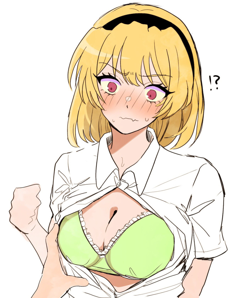!? 1girl 1other aged_up black_hairband blonde_hair blush bra breasts breasts_out cleavage closed_mouth collared_shirt commentary_request embarrassed eyelashes fang frilled_bra frills grabbing grabbing_another's_breast green_bra hair_between_eyes hairband highres higurashi_no_naku_koro_ni houjou_satoko large_breasts looking_at_viewer nose_blush open_clothes open_shirt partially_unbuttoned red_eyes shirt short_hair short_sleeves simple_background sketch skin_fang surprised sweat tsurime underwear wavy_mouth white_background white_shirt wide-eyed yuno_ff