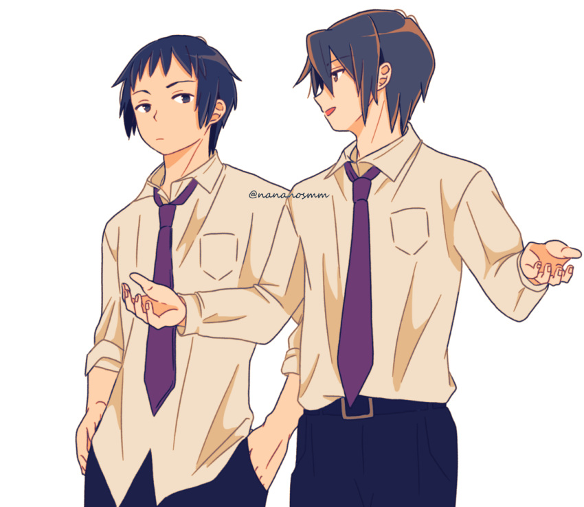 2boys artist_name belt black_belt black_eyes black_hair black_pants breast_pocket brown_eyes brown_hair closed_mouth collared_shirt commentary_request hand_in_pocket hand_on_own_hip kita_high_school_uniform koizumi_itsuki kyon long_sleeves looking_at_another male_focus multiple_boys nananosmm necktie no_jacket open_mouth pants pocket red_necktie school_uniform shirt short_hair simple_background suzumiya_haruhi_no_yuuutsu talking twitter_username untucked_shirt watermark white_background white_shirt winter_uniform