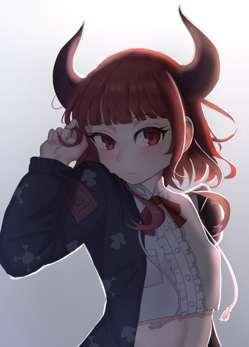 1girl absurdres backlighting black_jacket blunt_bangs commentary_request covered_nipples crop_top food_print hand_in_own_hair highres horns jacket masamika10086 medium_hair midriff mushroom_print original red_eyes red_hair solo upper_body variant_set