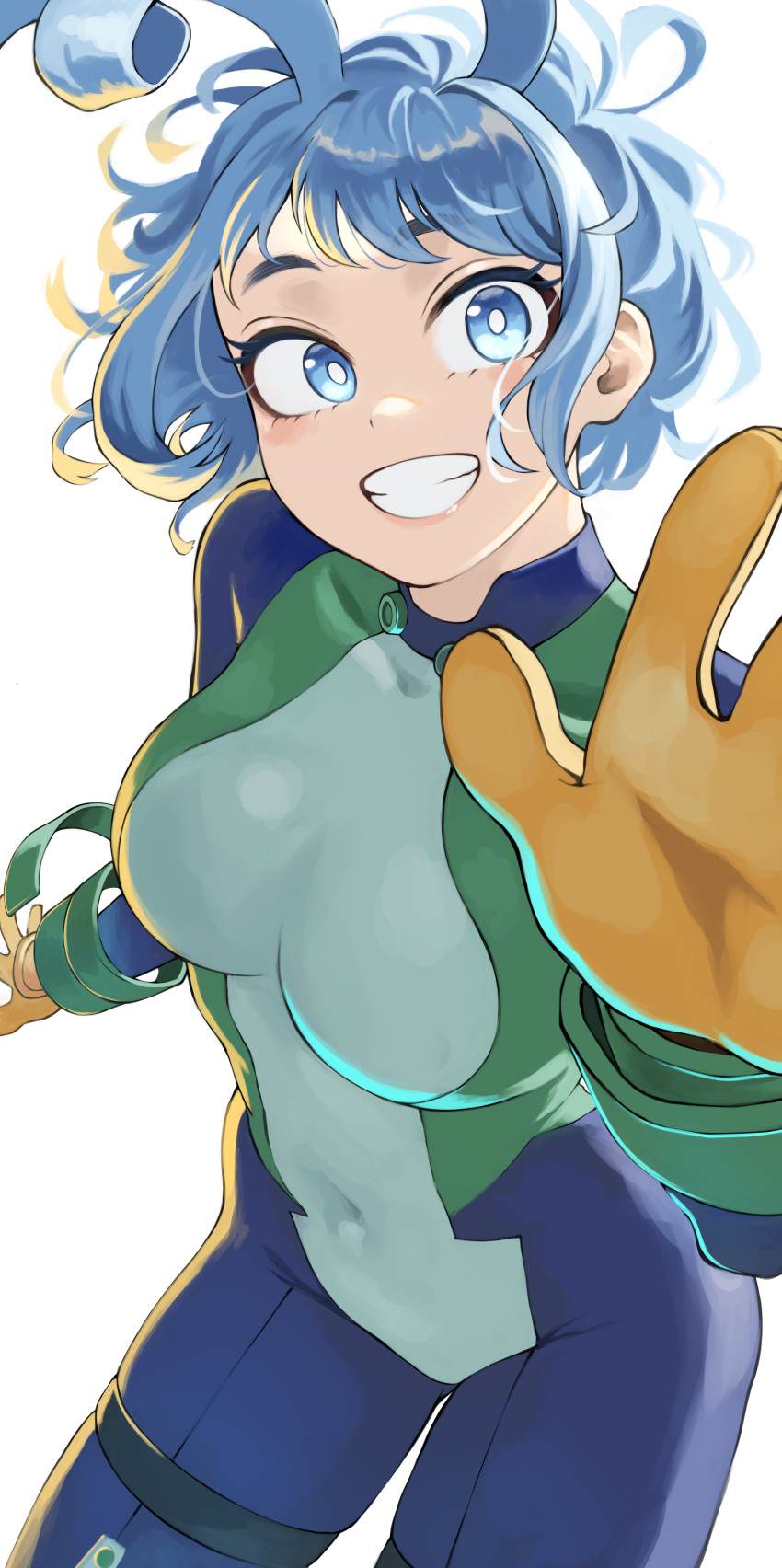 1girl absurdres blue_bodysuit bodysuit boku_no_hero_academia covered_navel drill_hair fengling_(furin-jp) gloves green_bodysuit grin hadou_nejire highres looking_at_viewer multicolored_bodysuit multicolored_clothes official_alternate_hair_length official_alternate_hairstyle short_hair smile solo superhero teeth twin_drills white_background yellow_gloves