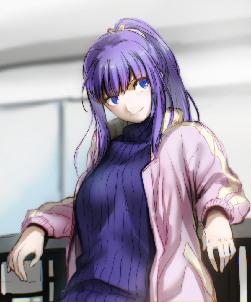 1girl aoba_(smartbeat) bangs blue_eyes blue_sweater breasts contemporary fate/grand_order fate_(series) highres jacket large_breasts long_hair long_sleeves looking_at_viewer martha_(fate) open_clothes open_jacket pink_jacket ponytail purple_hair ribbed_sweater sidelocks smile solo sweater turtleneck turtleneck_sweater