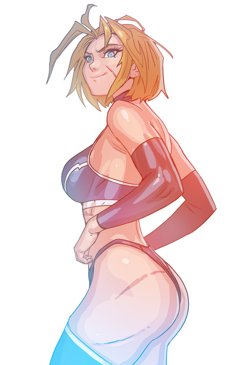 1girl ass blonde_hair blue_eyes bra cammy_white capcom davecavedraws highres scar short_hair smile solo sports_bra street_fighter street_fighter_6 thighhighs underwear