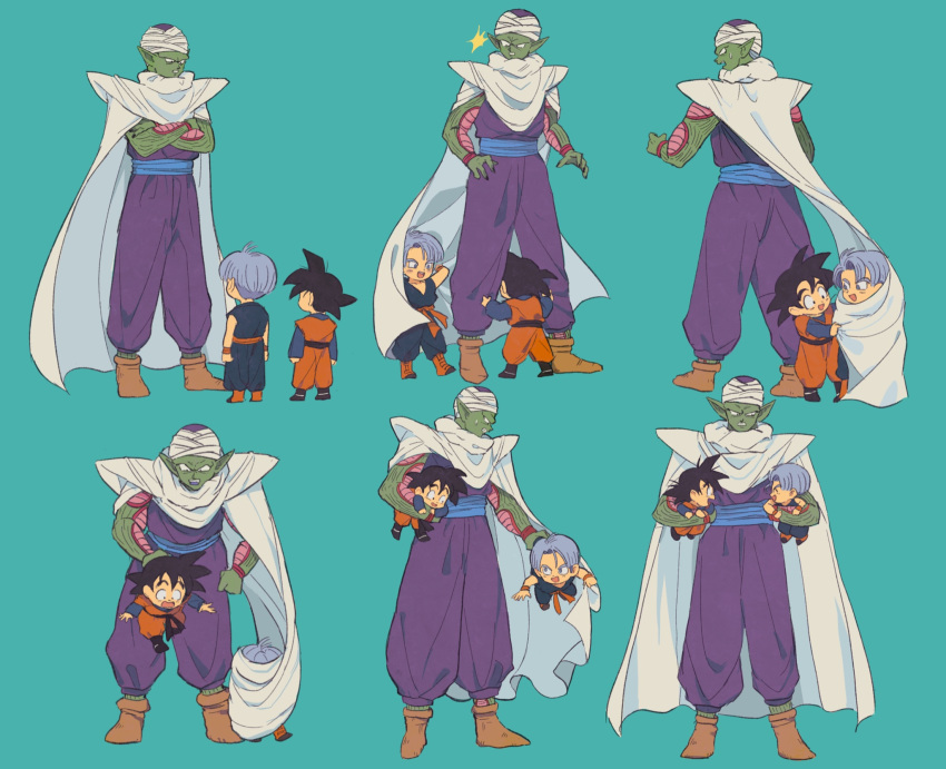 3boys :d ^_^ angry aqua_background arms_at_sides black_hair black_nails black_sash blue_hair blue_pants blue_sash blue_shirt boots brown_footwear cape capelet carrying child clenched_teeth closed_eyes colored_skin commentary_request crossed_arms dougi dragon_ball dragon_ball_z fingernails green_skin highres j_ooey long_sleeves looking_at_another looking_back male_focus multiple_boys namekian no_eyebrows open_mouth orange_pants pants parted_bangs piccolo pointy_ears purple_pants red_wristband sash shirt short_hair shoulder_pads simple_background smile son_goten spiked_hair standing sweatdrop teeth trunks_(dragon_ball) turban v-shaped_eyebrows white_capelet