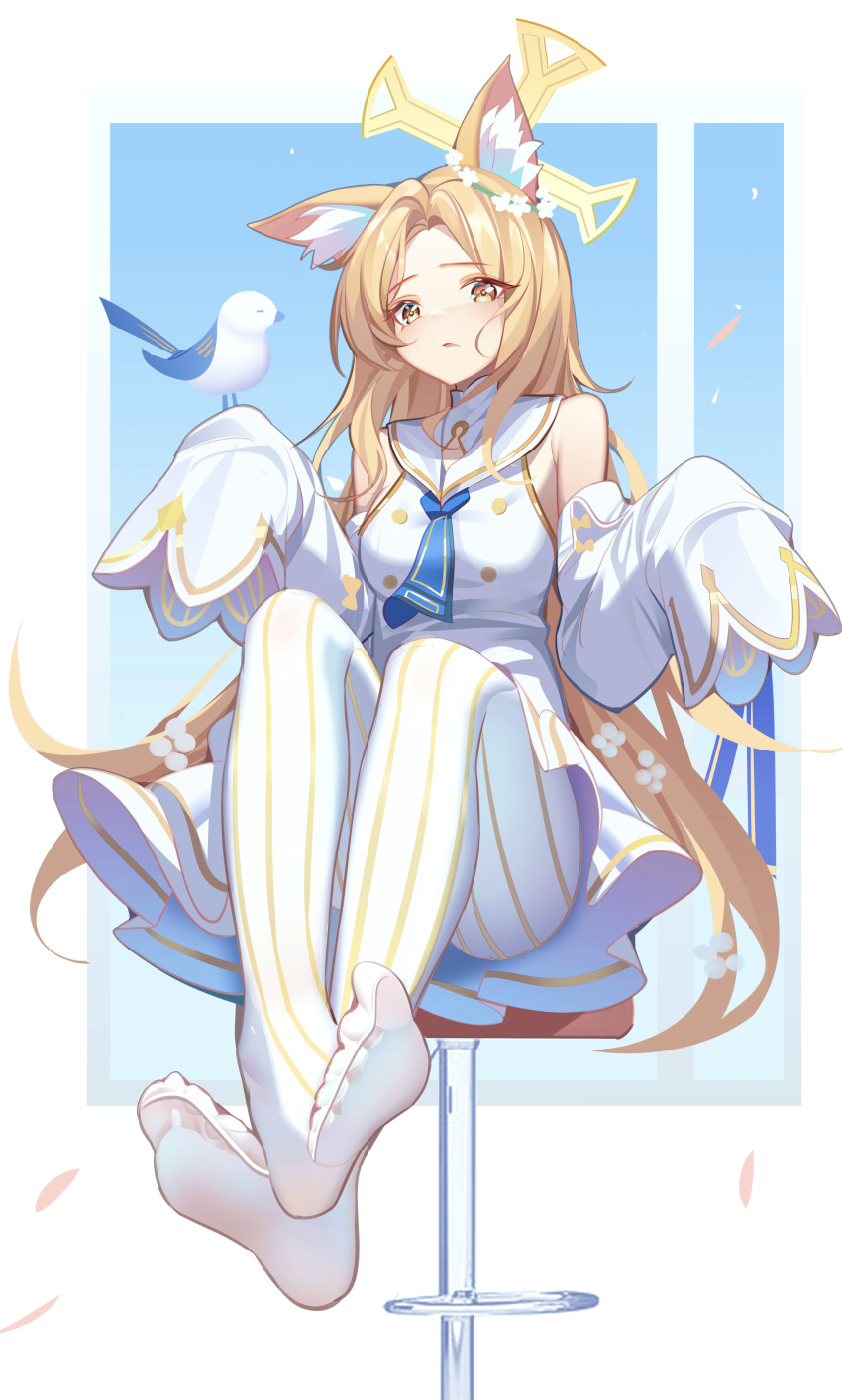1girl absurdres animal_ear_fluff animal_ears ass bar_stool bird blonde_hair blue_archive commentary_request detached_sleeves forehead fox_ears fox_girl fox_tail halo highres knees_up long_hair long_sleeves looking_at_viewer luai pantyhose parted_bangs school_uniform seia_(blue_archive) sidelocks simple_background sitting sleeves_past_fingers sleeves_past_wrists soles solo stool tail white_bird white_pantyhose wide_sleeves yellow_eyes